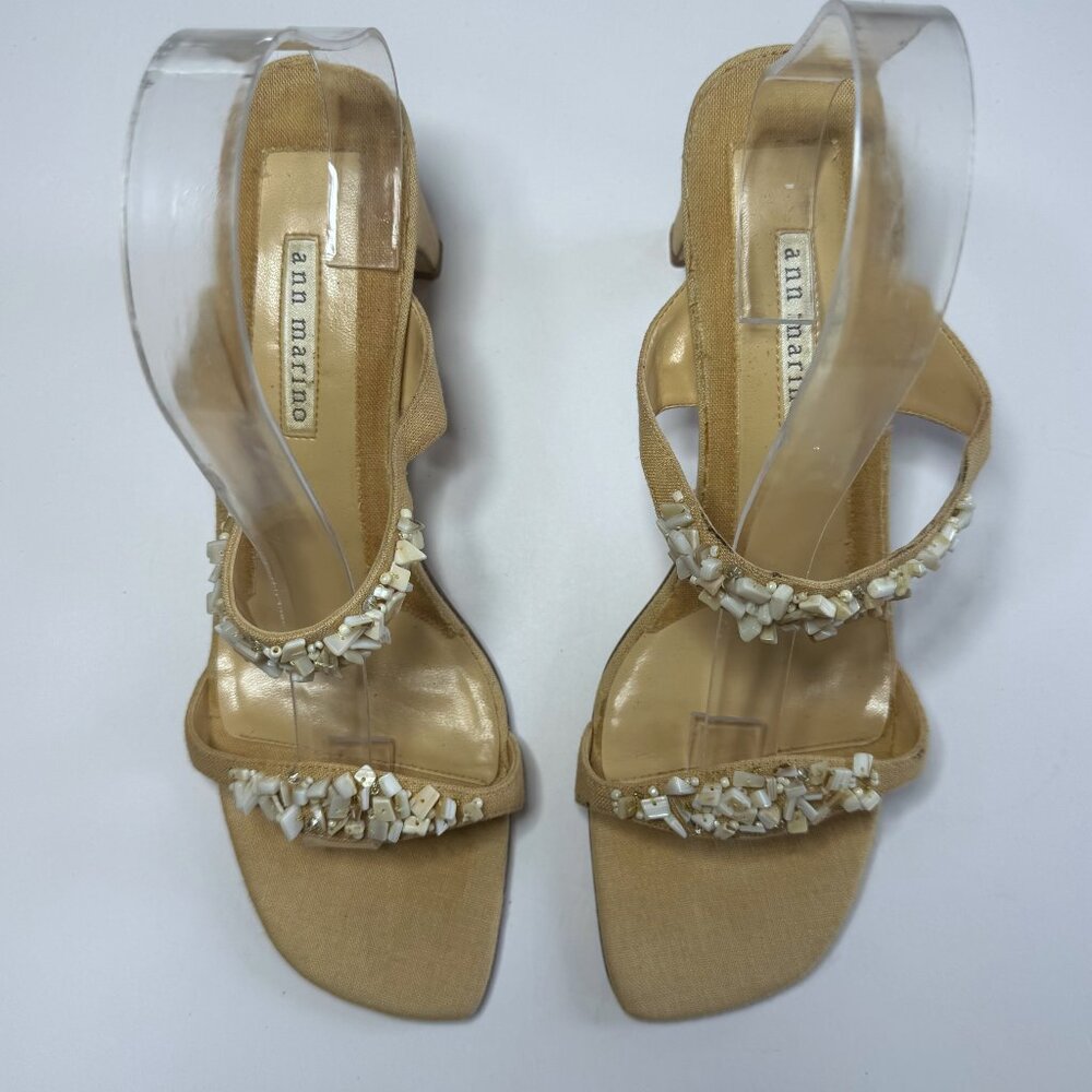 Ann Marino Womens Size 10 M Beaded Shell Heels Shoes Tan Beach Boho Square Toe